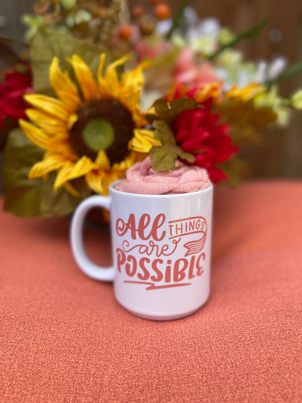 All Things Are Possible Mug – Inspirational Ceramic Cup with Pink Accent
