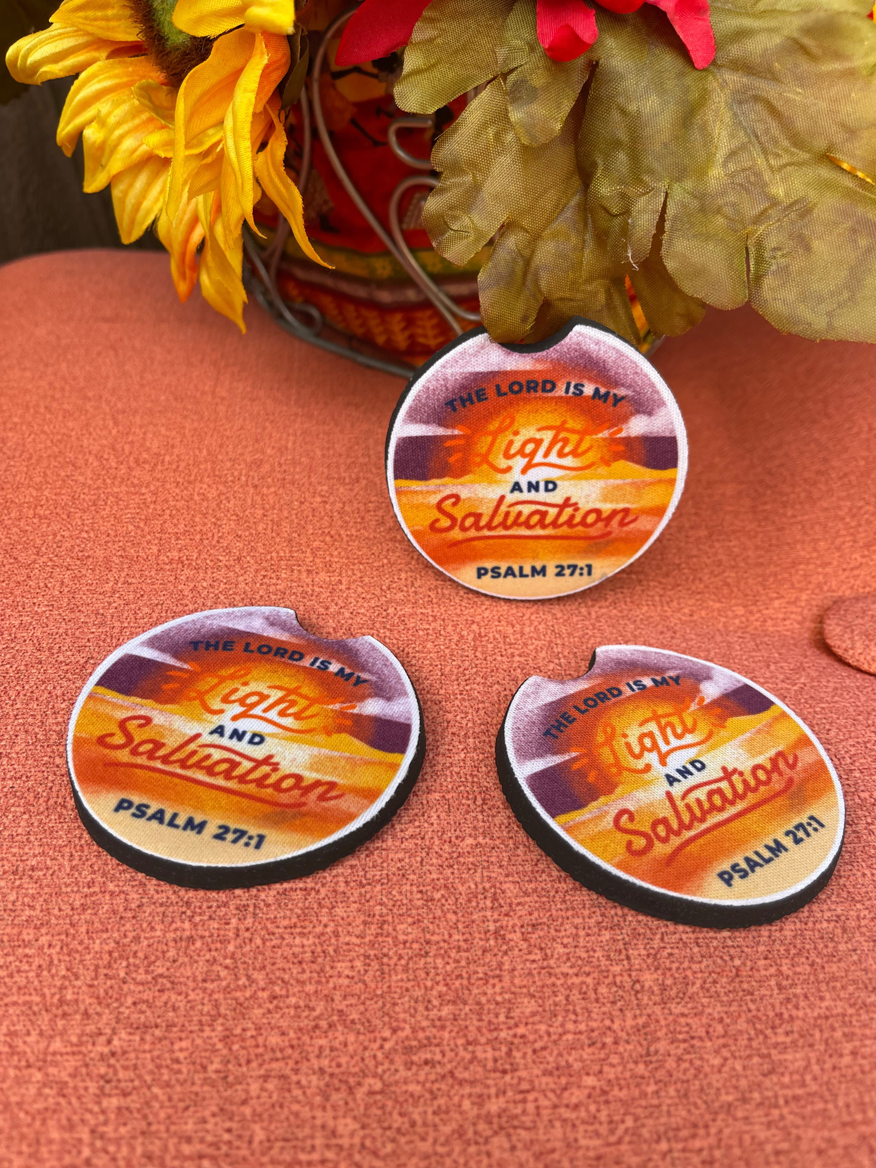 Christian Car Coasters – Psalm 27:1 “The Lord Is My Light” Inspirational Set