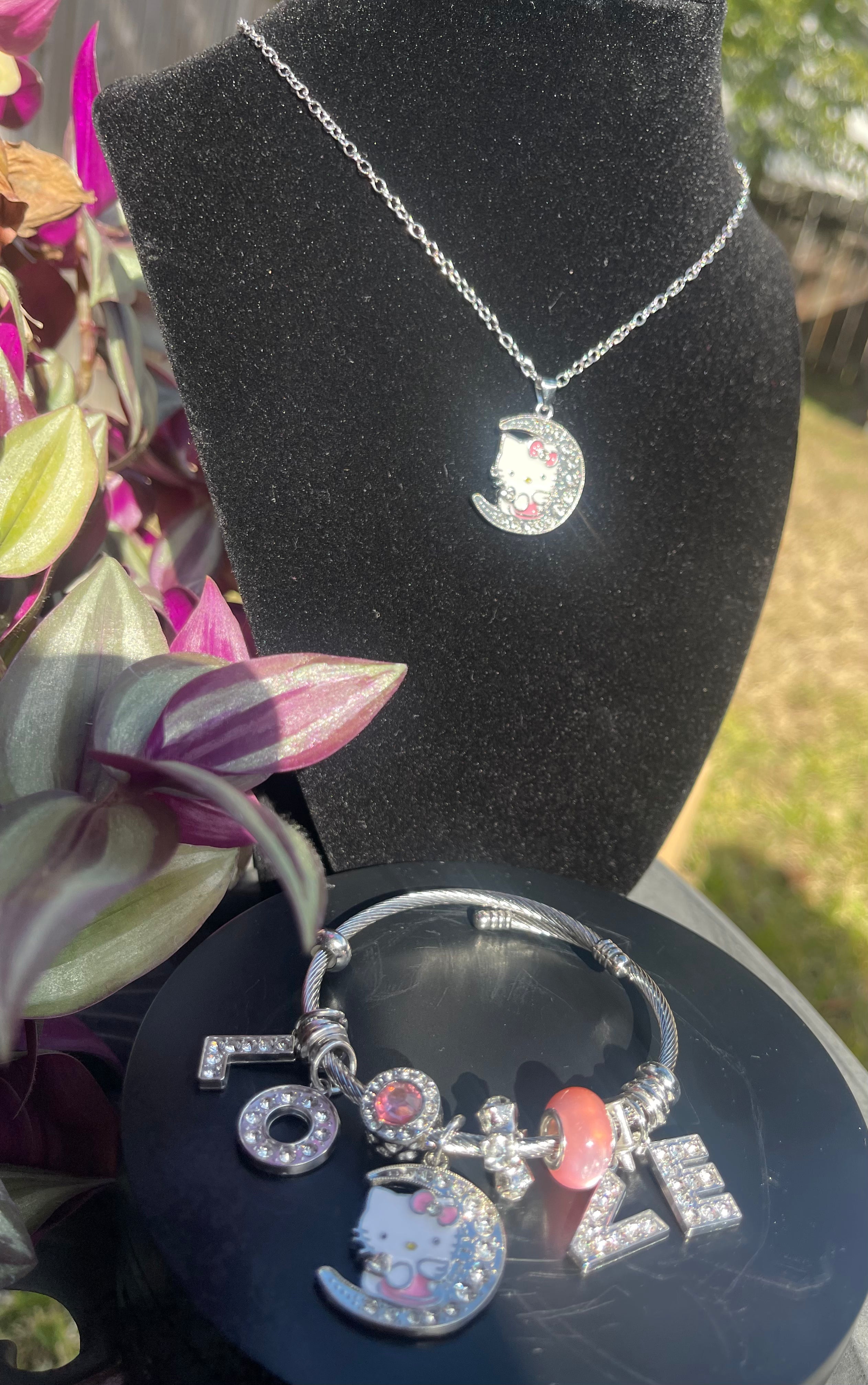 Hello Kitty Jewelry Set – 2pc Crystal Bracelet & Necklace with Pink Stars, Bow & Heart Charms