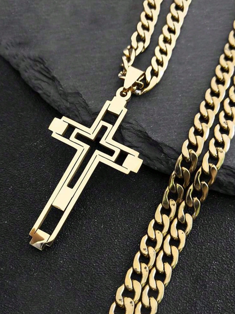 Men's Hollow Out Cross Pendant Necklace – Personalized Street Style Gold Chain Jewelry