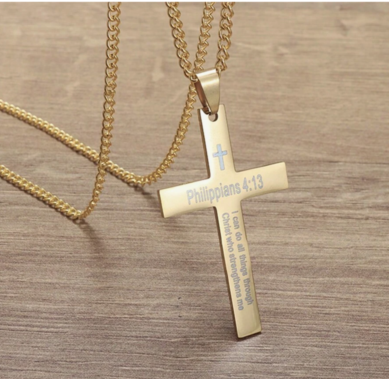 Philippians 4:13 Stainless Steel Cross Necklace – Men's Religious Pendant with Inspirational Verse