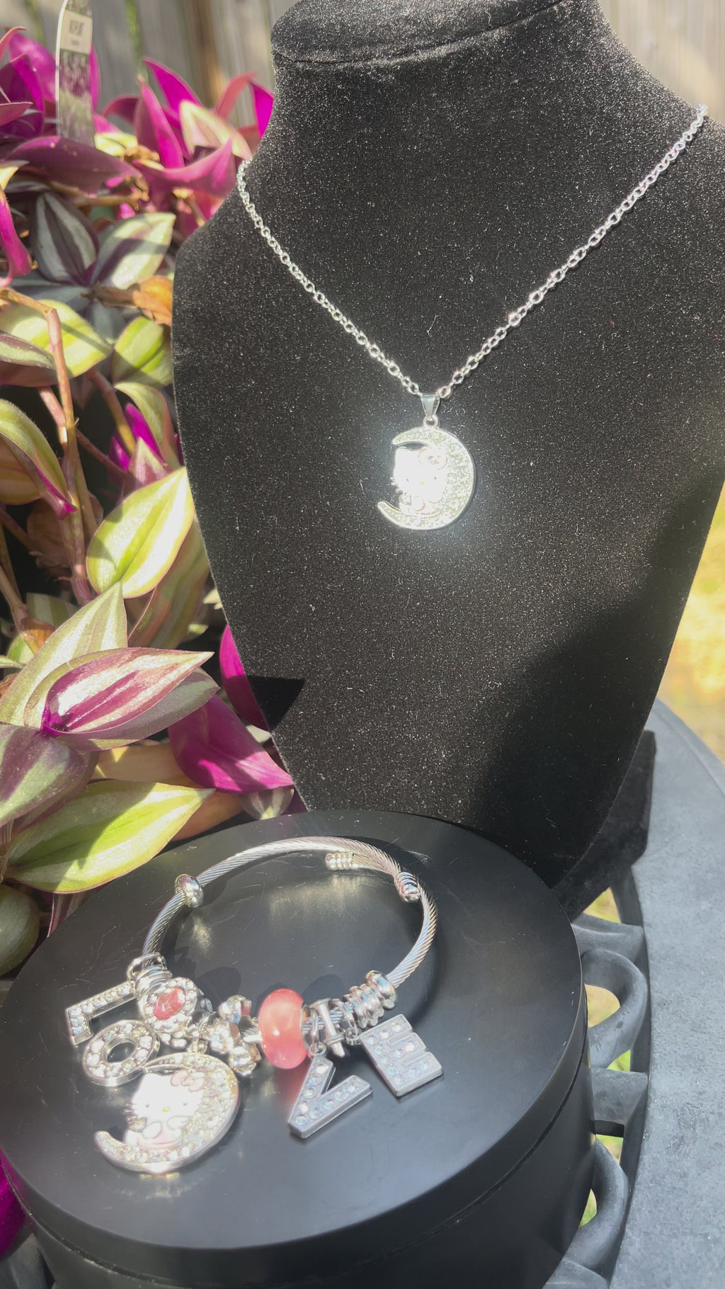 Hello Kitty Jewelry Set – 2pc Crystal Bracelet & Necklace with Pink Stars, Bow & Heart Charms